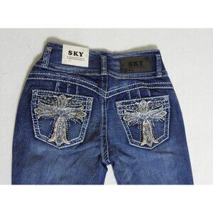 New SKY Premium Collection Bootcut Jeans Bedazzled Cross Pockets Size 7 28 Jrs